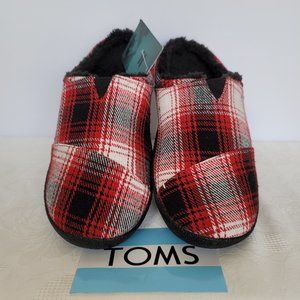 TOMS Mens Berkeley Faux Fur Lined Slip-On Slippers-Red Plaid- Men's Size 10